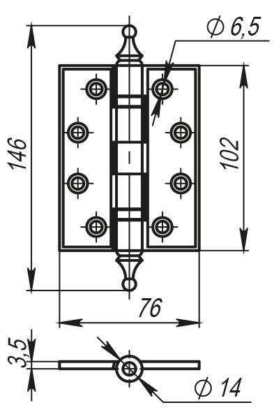 Петля дверная универсальная Armadillo Castillo CL 500-A4 102x76x3,5 AS античное серебро