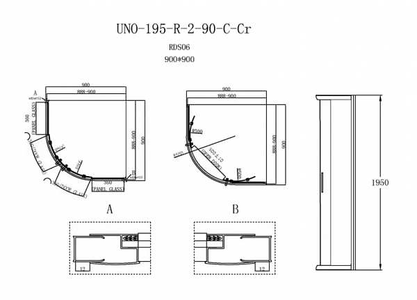 Душевой уголок BelBagno UNO-195-R-2-90-P-Cr